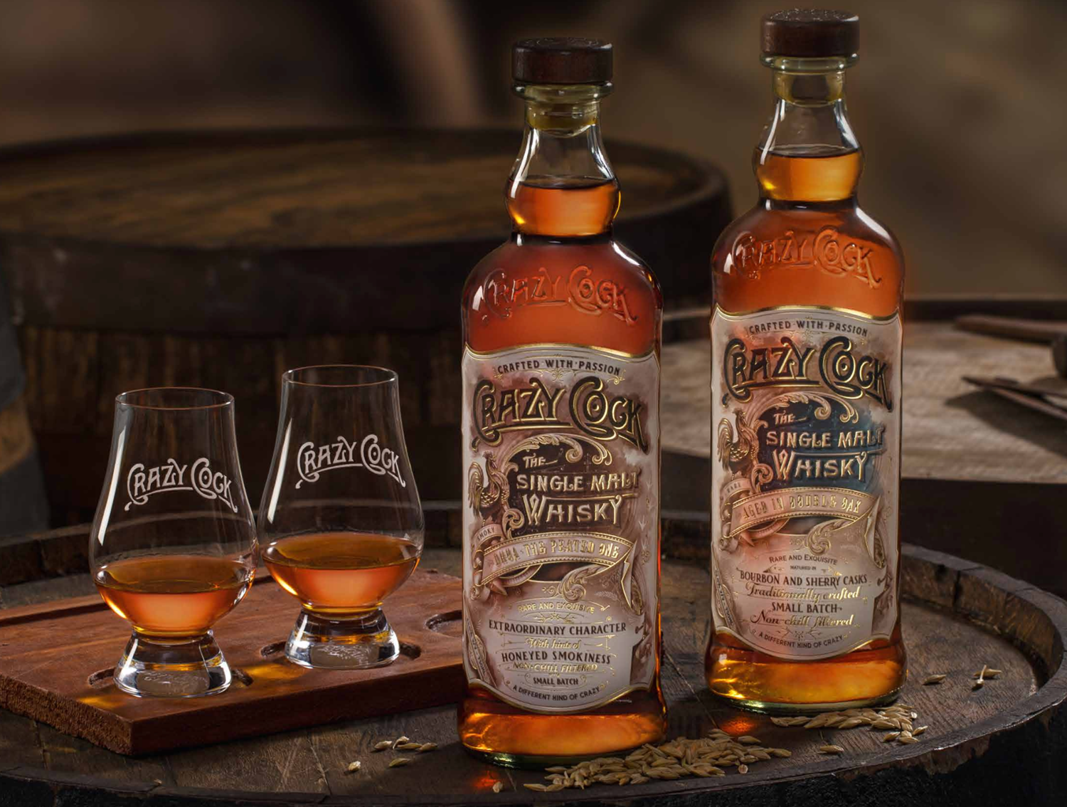 Crazy Cock inaugural edition Indian single malt whisky bottles
