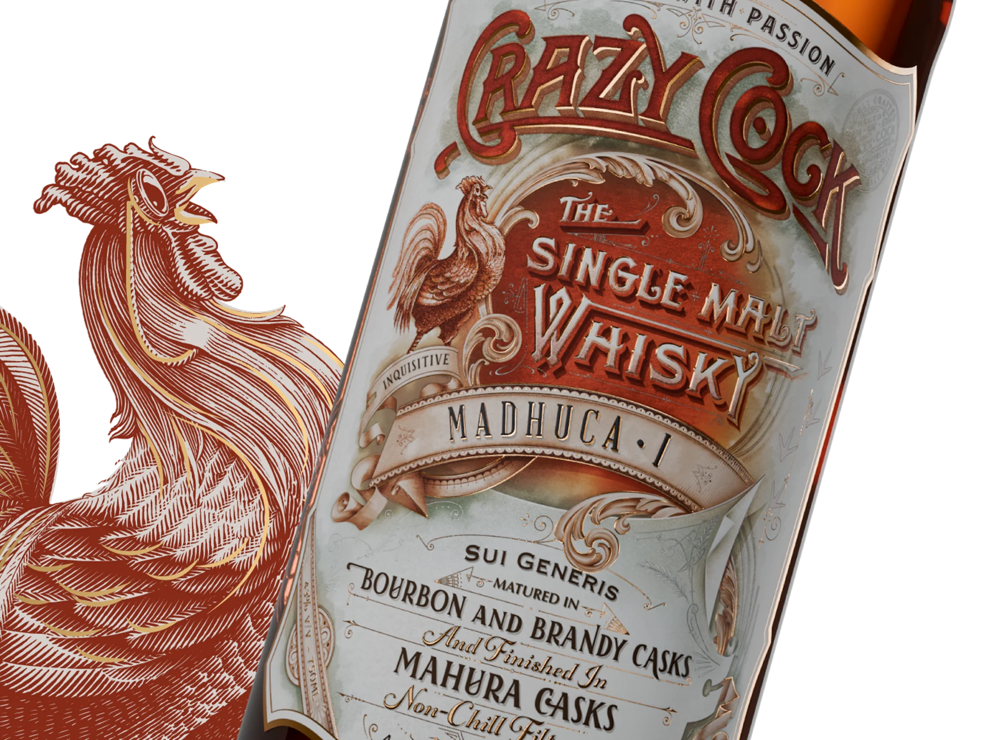 Crazy Cock Madhuca I premium whisky campaign artwork